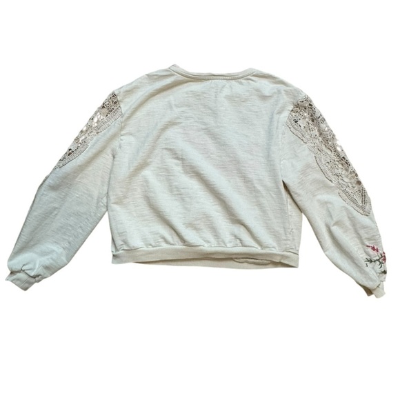 ANTHROPOLOGIE Crochet Sleeve Floral Embroidered Pullover Sweatshirt Size XXS GUC - Picture 4 of 7